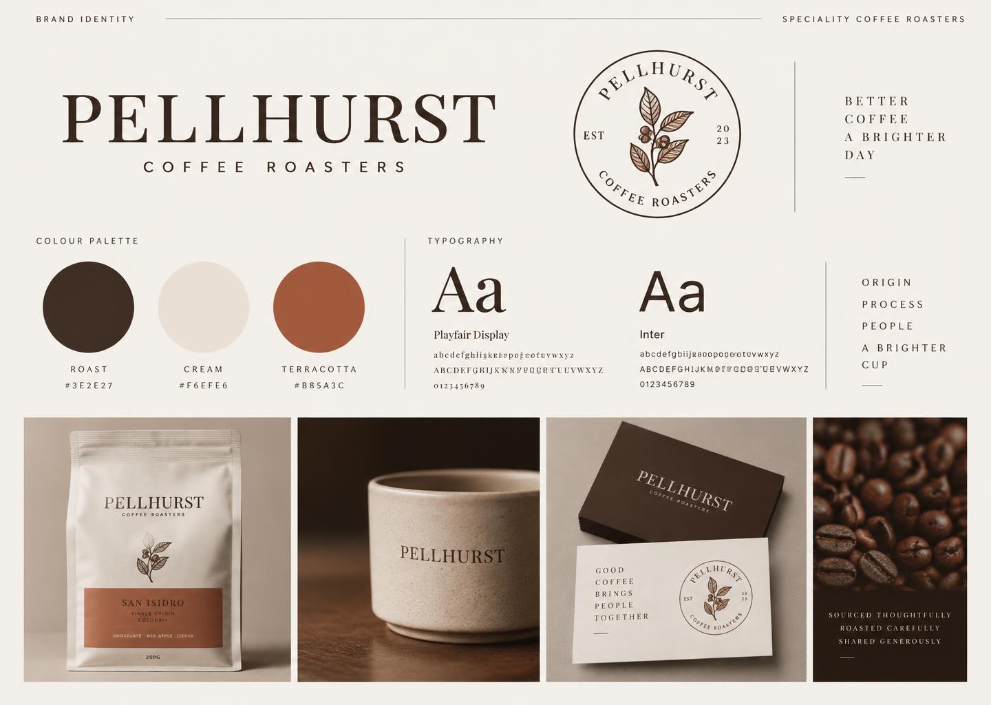 Pellhurst brand identity board: serif wordmark, circular emblem, roast, cream and terracotta palette