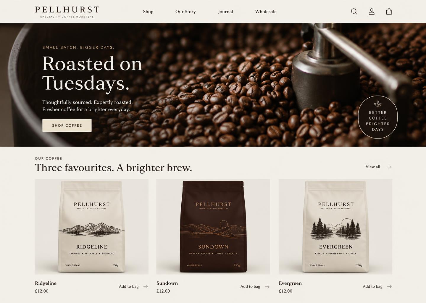 Pellhurst homepage design, version 3: roasting drum hero and three coffee bags