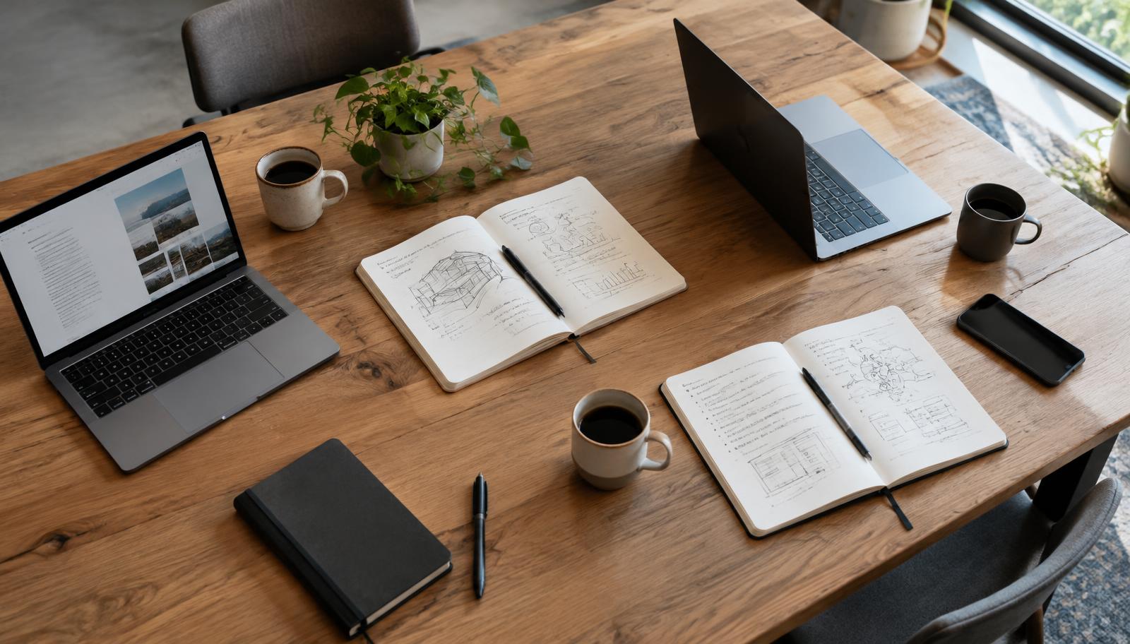 A meeting table mid-session with two laptops, open notebooks and coffee cups