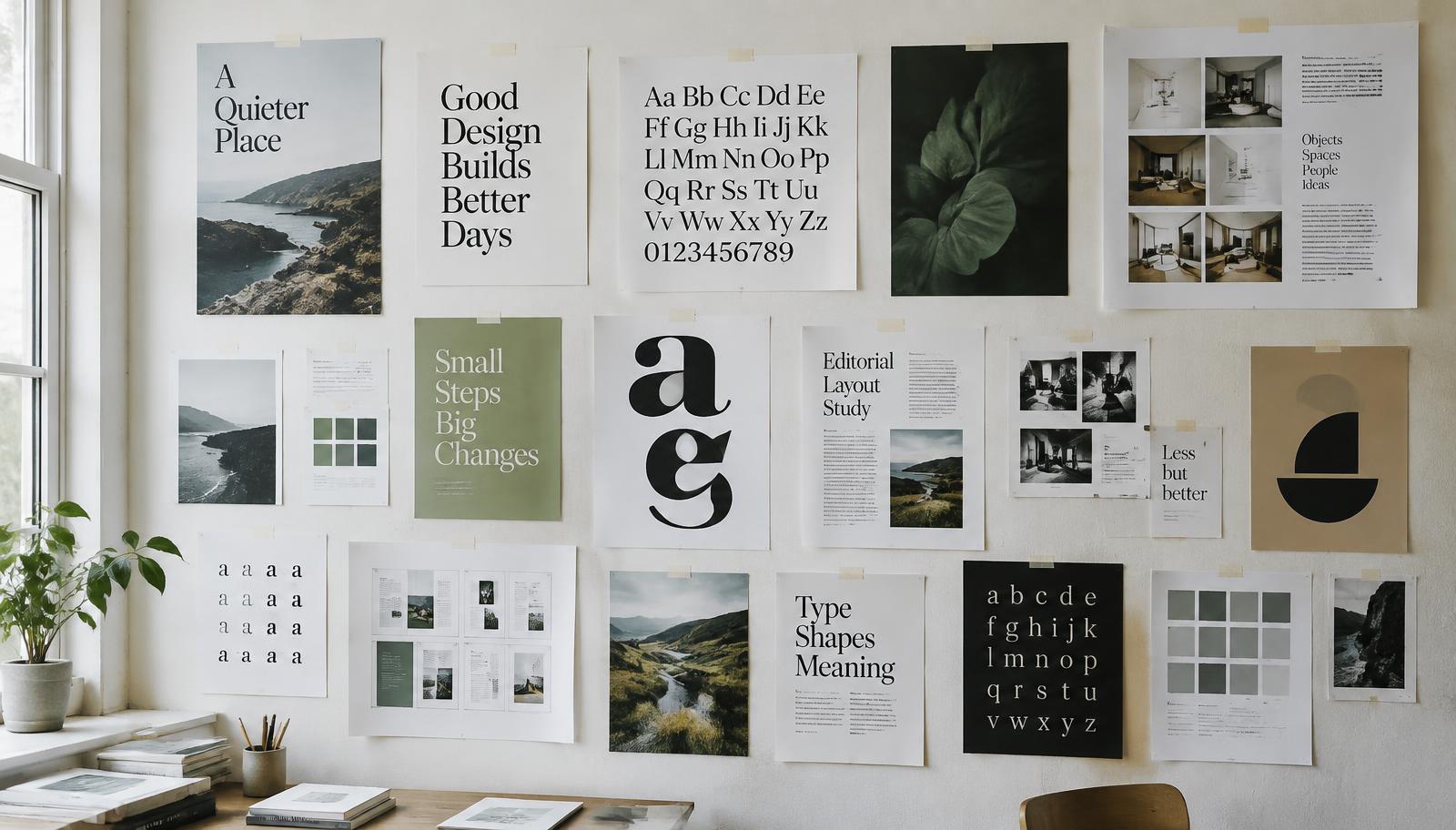 A studio wall with printed posters, type specimens and layout proofs pinned up